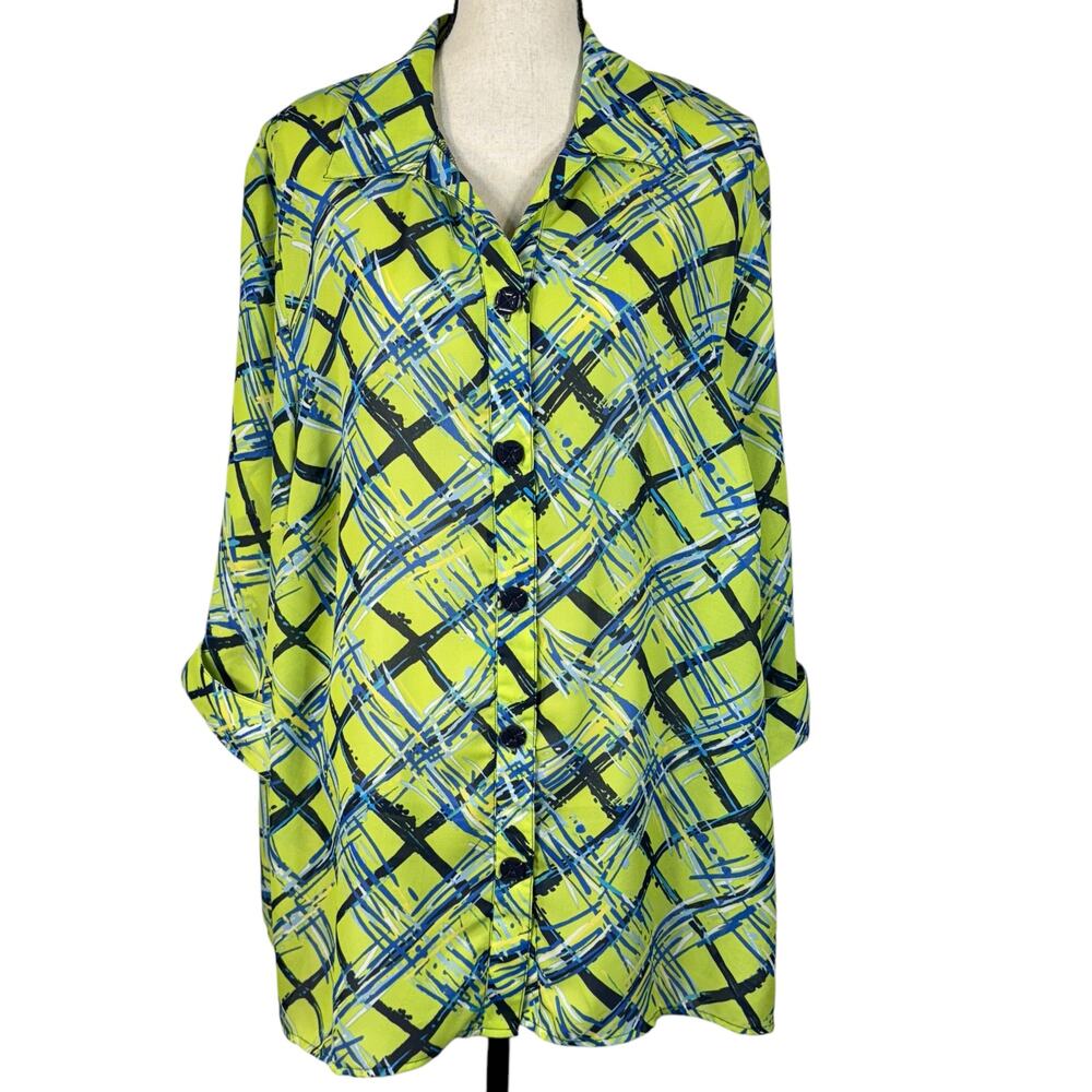 Maggie Barnes 1X (18/20) Top Button-Up V-Neck Lightweight Semi-Sheer 3/4 Sleeves
